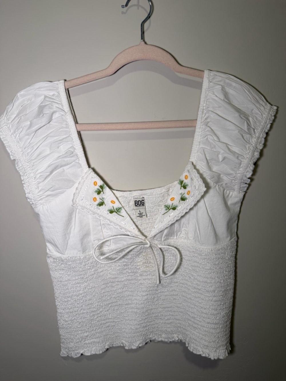 BDG White Puff Sleeve Smocked Crop Top with Embroidered Floral Yoke